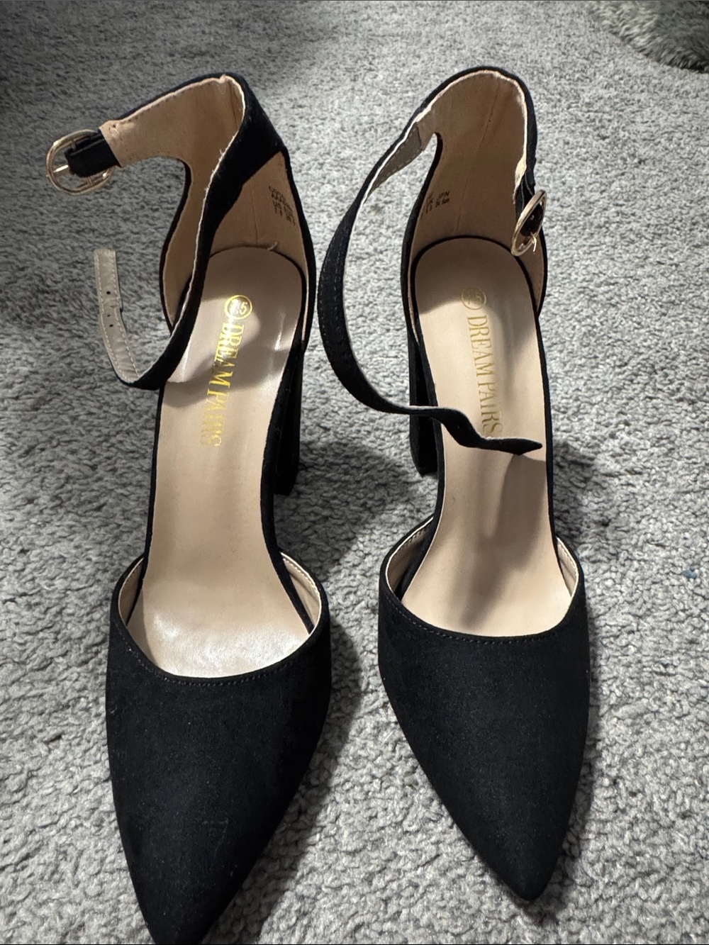 Dream Pairs Black Pointed Ankle-Strap Block Heels with Gold Buckle